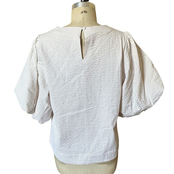 JOE'S Cotton Seersucker Puff Sleeve Top In Khaki White Stripe Size XL X-Large - Picture 5 of 9